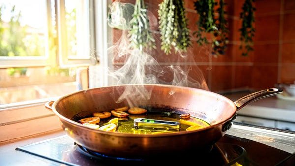 Frittura controllata con termometro e olio in una cucina mediterranea
