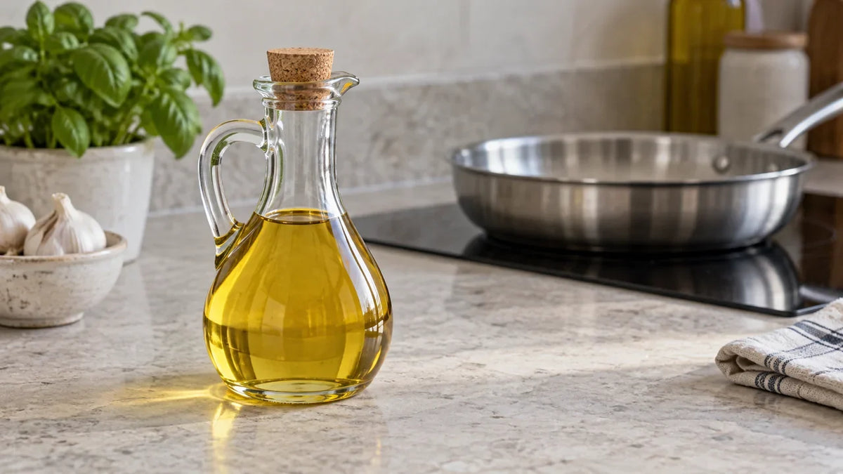 Olio di oliva chiaro in un recipiente neutro per uso alimentare