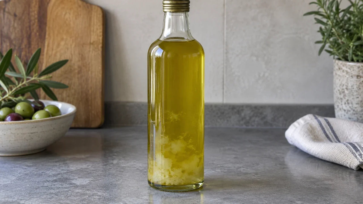Olio raffreddato con velature chiare all'interno di una bottiglia