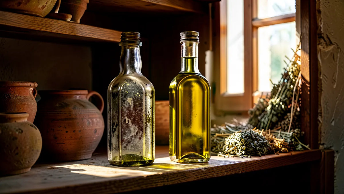 Bottiglia di olio vecchio confrontata con olio fresco in una dispensa