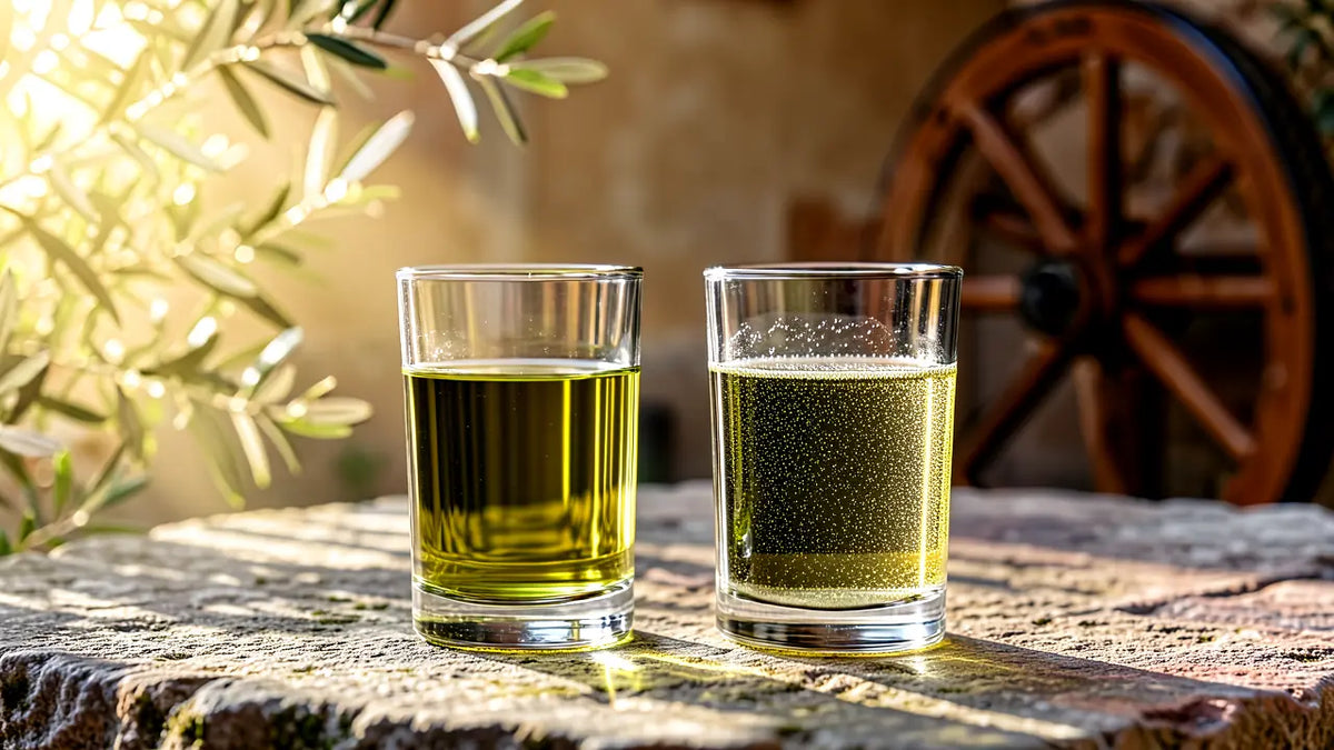 Due bicchieri di olio filtrato limpido e non filtrato naturalmente velato
