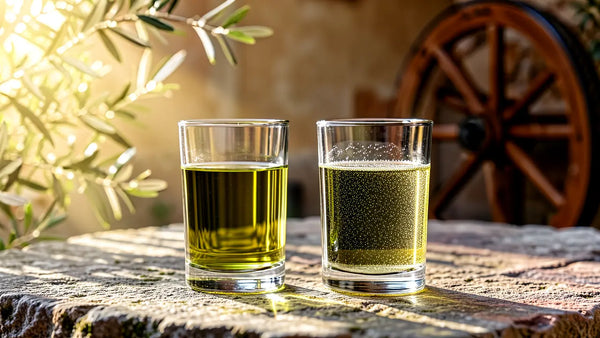 Due bicchieri di olio filtrato limpido e non filtrato naturalmente velato