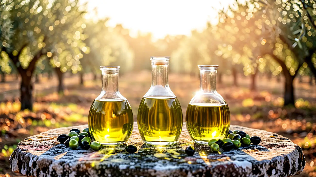 Tre oli di oliva a confronto con olive fresche in un paesaggio mediterraneo