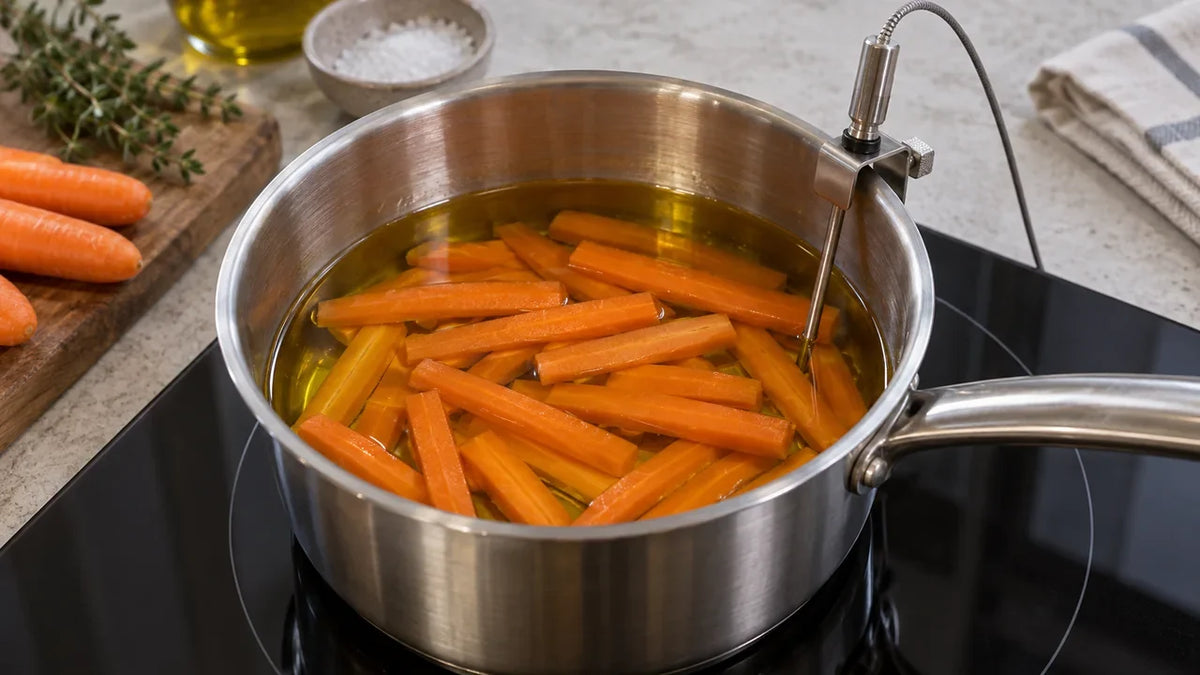 Carote immerse nell'olio in un piccolo recipiente di cottura