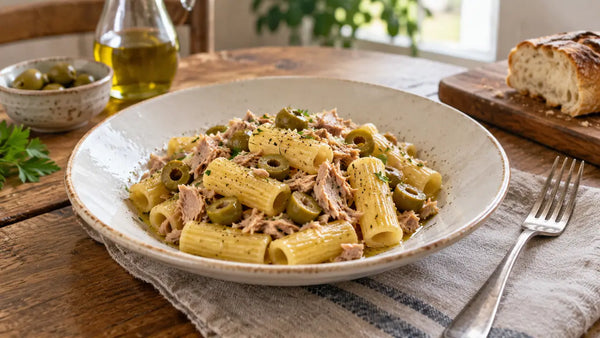 Pasta con tonno e olive servita in un piatto fondo