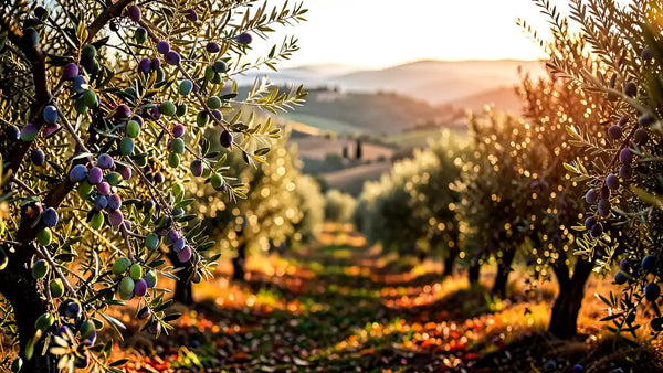 Olive verdi e viola in fase di invaiatura durante la raccolta autunnale