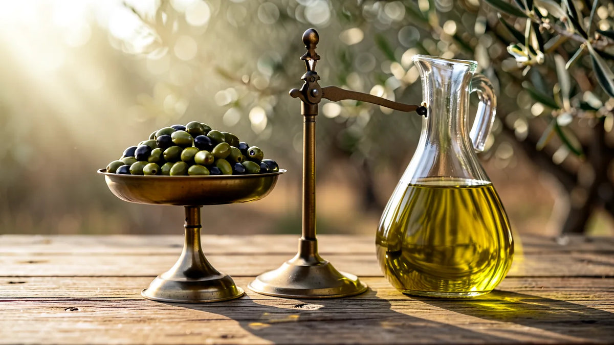 Olive su una bilancia accanto a un recipiente di olio per calcolare la resa