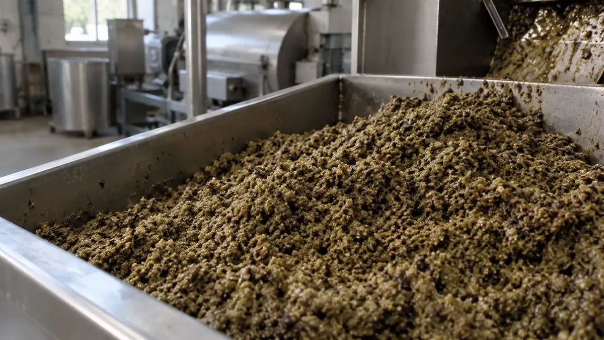 Sansa di olive in una vasca del frantoio dopo la separazione dell'olio
