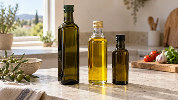 Bottiglie neutre di oli alimentari in un confronto visivo